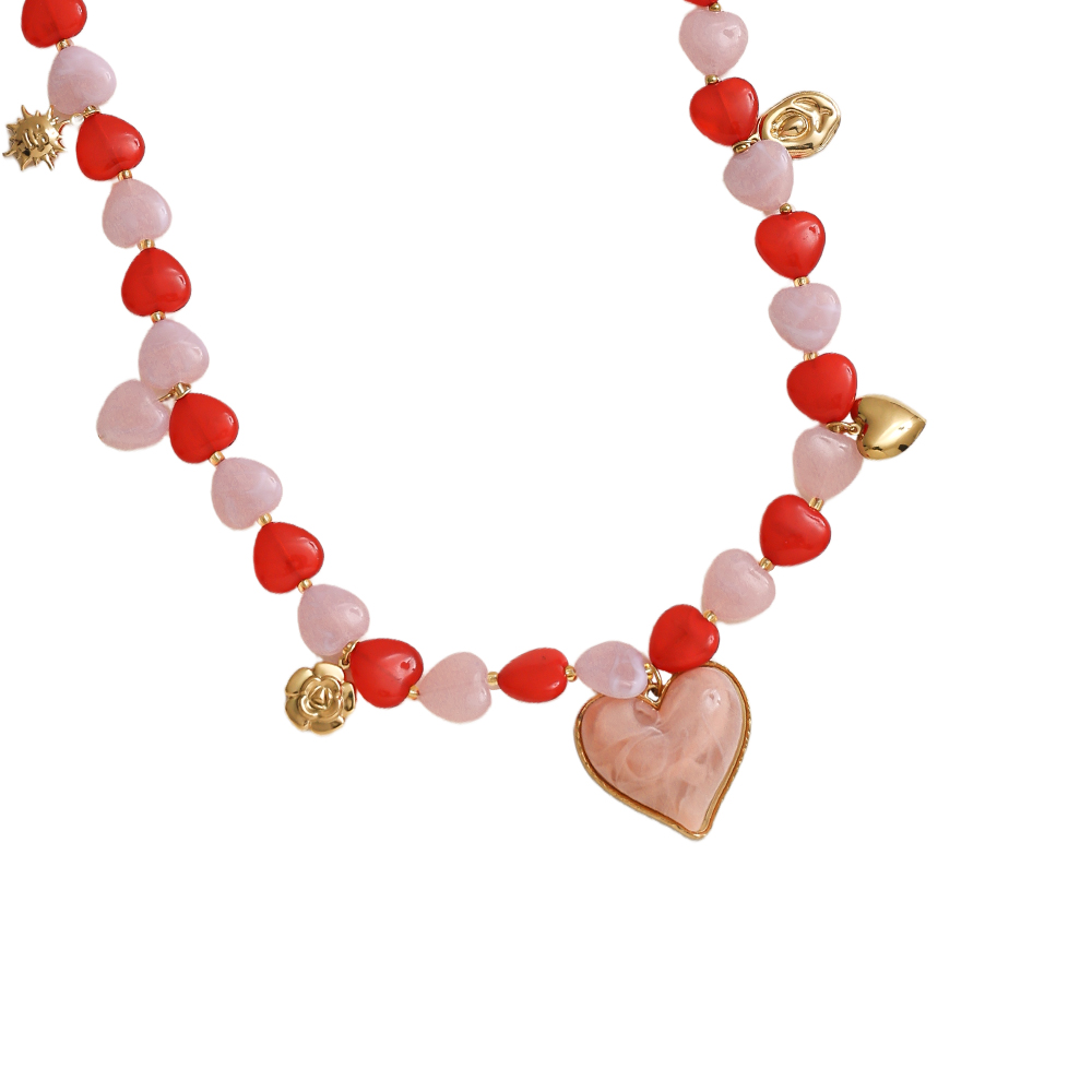 87cm small resin hearts and pendants stainless steel necklace     