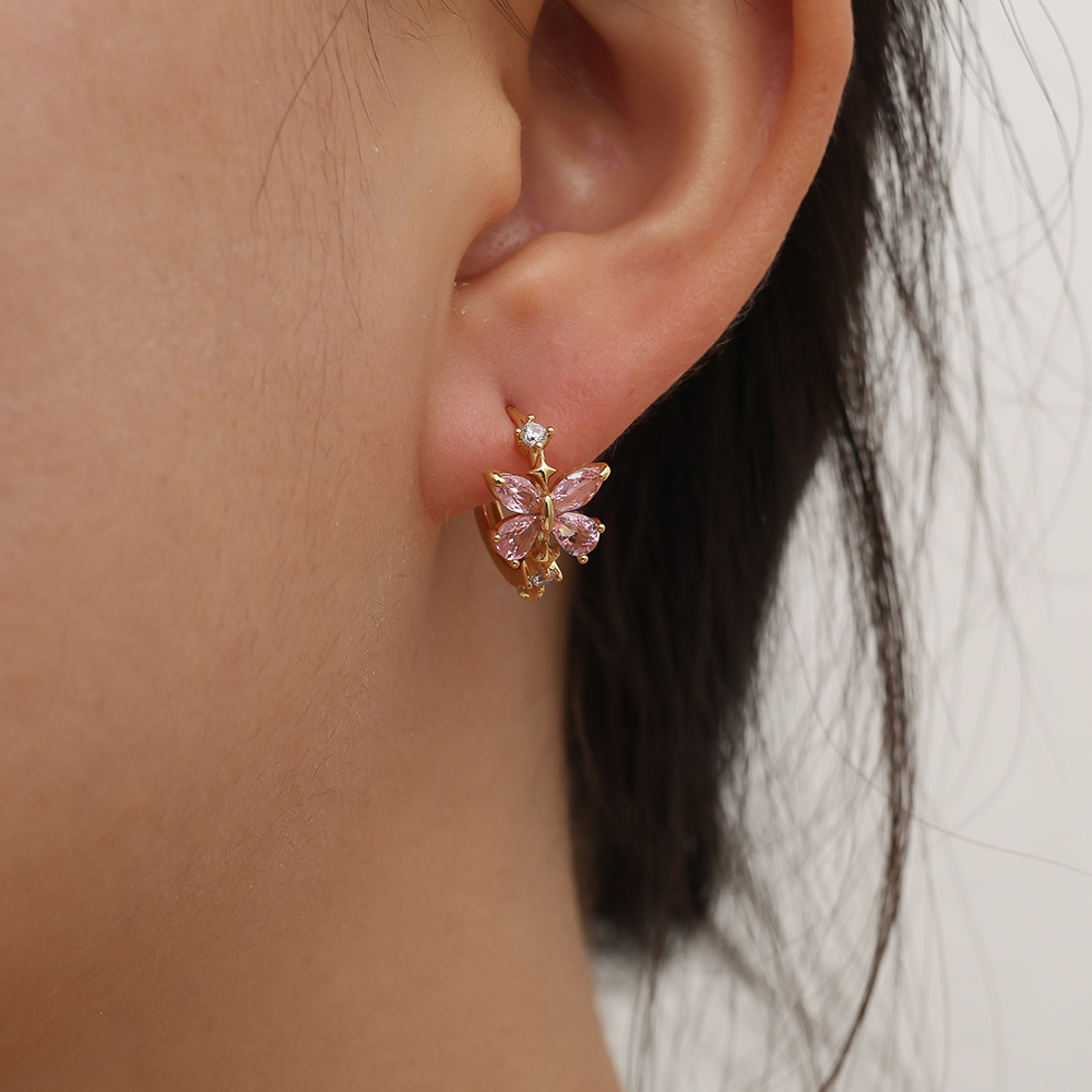 15mm Pink Diamond Butterfly Hoop Gold Plated Earrings       