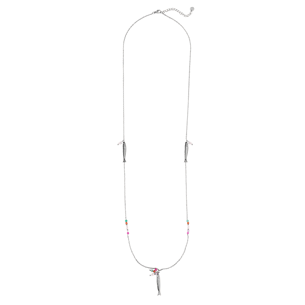 Stainless steel necklace, 80 cm, with a fish and colourful small beads