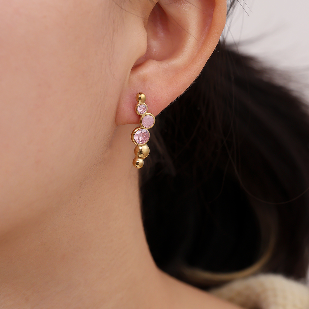 0.6*2.5cm Pink Round Diamond Stainless Steel Earrings  