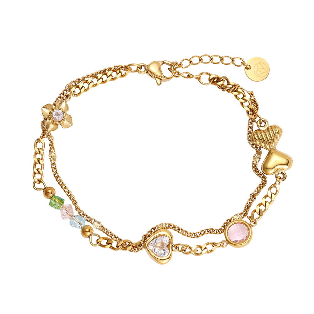 Stainless steel bracelet, 17 cm, with a heart and a flower