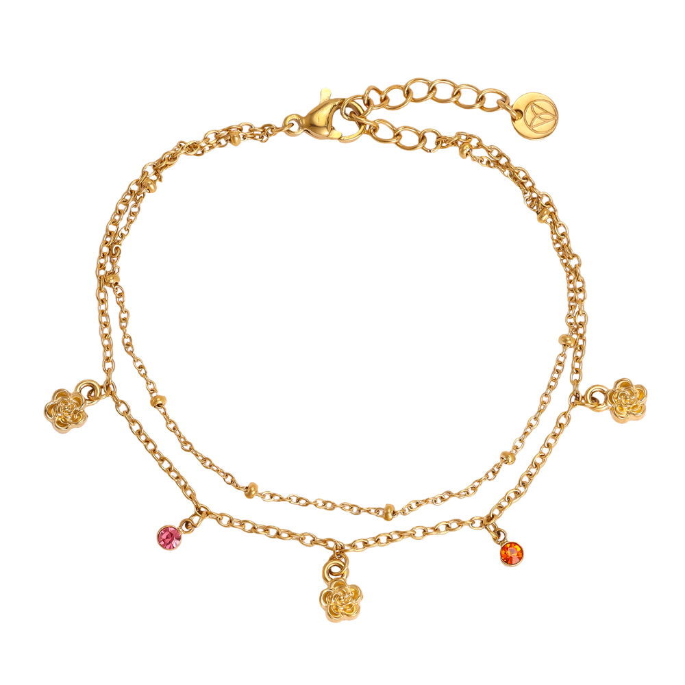 Stainless steel bracelet, 17cm, with a small flower and colourful cubic zirconia