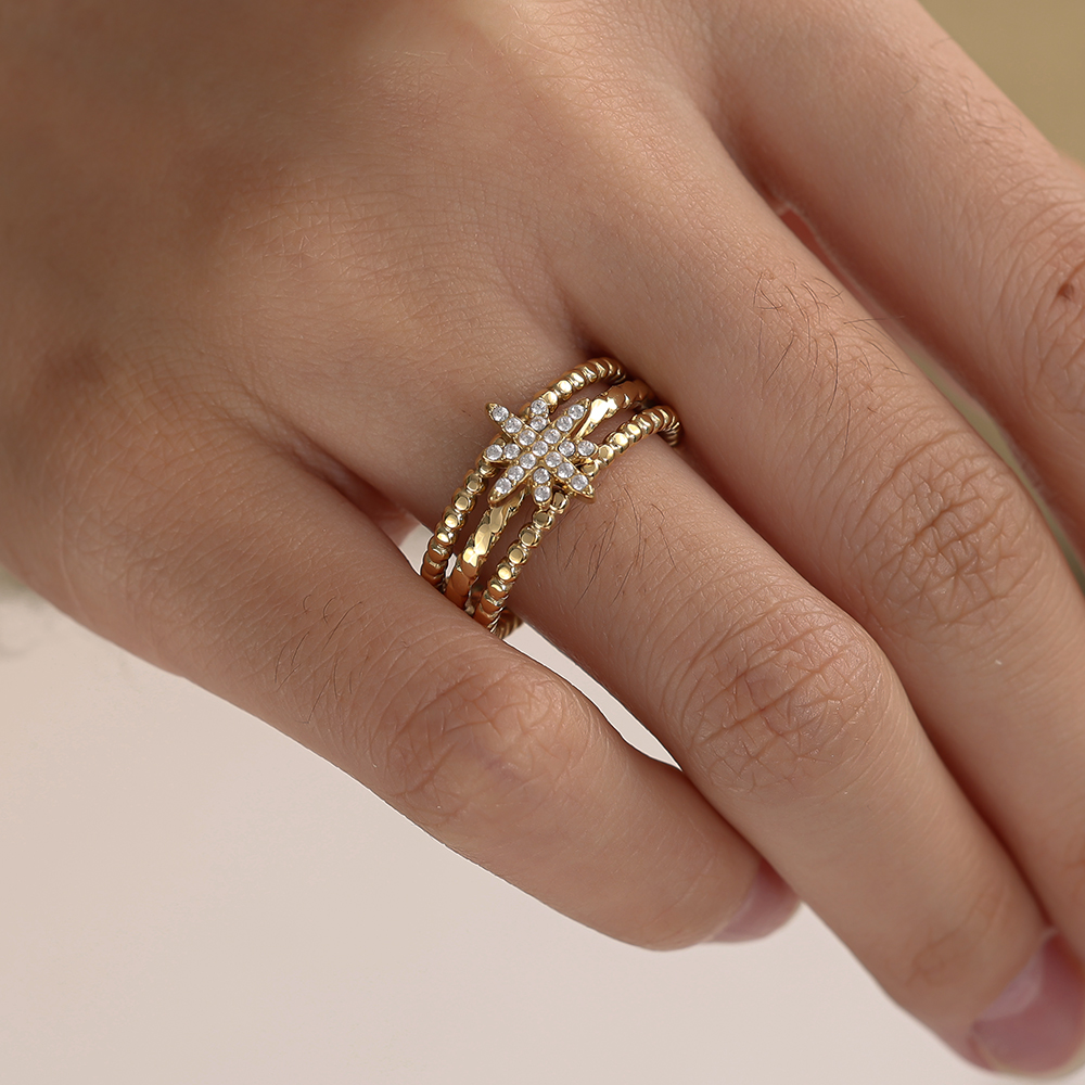 Diamond Star In Three Line Stainless Steel Ring    