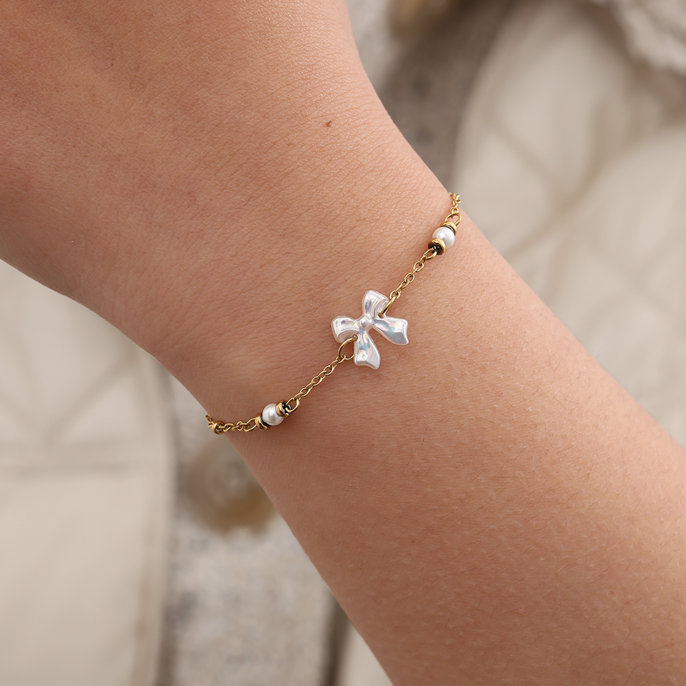 17cm Pearl Dots And Butterfly stainless steel bracelet   