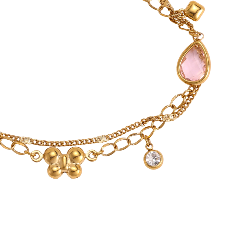 Stainless steel bracelet, 17 cm, with pink glass and a gold butterfly