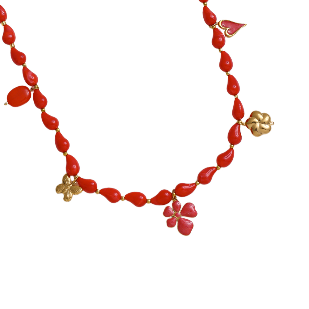 89cm necklace with resin drops and golden butterfly, flower, heart stainless steel necklace     