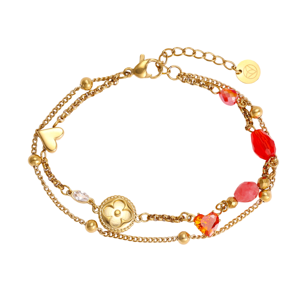 Stainless steel bracelet, 17 cm, with a heart and red crystal beads