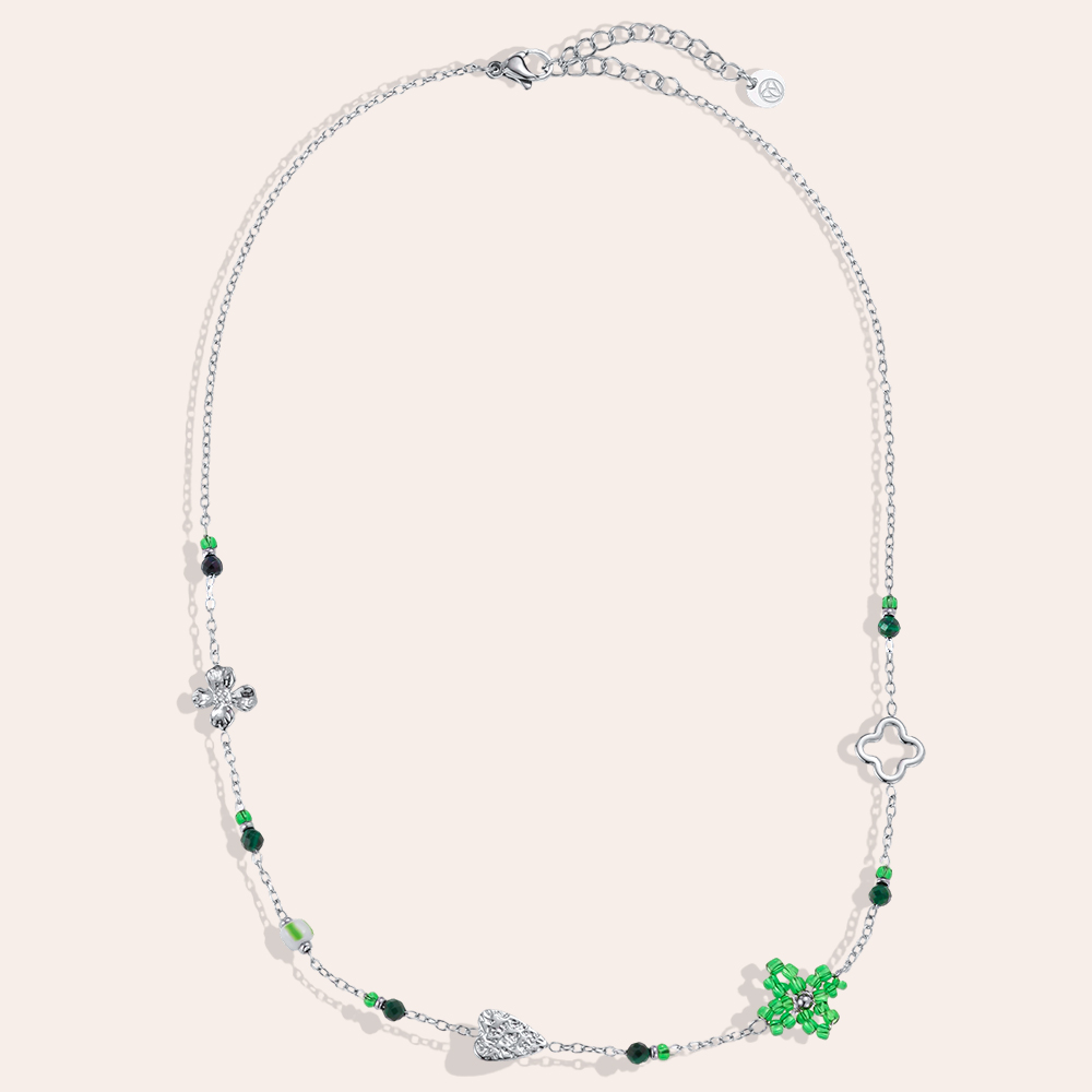40cm flower heart and green beads stainless steel necklace  