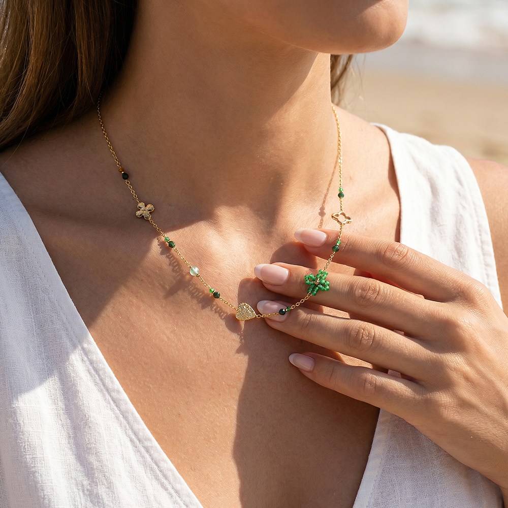 40cm flower heart and green beads stainless steel necklace  