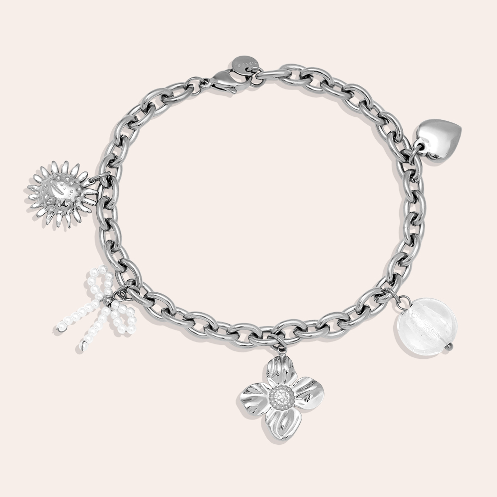 17cm flower, bow and pearl pendant stainless steel bracelet
