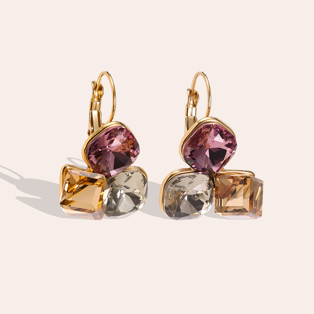 Stainless steel earrings, 30 × 21 mm. Three large glass stones in different colours