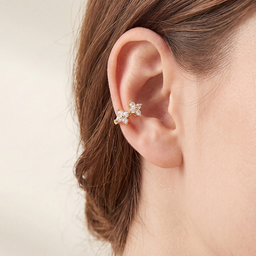 Gold-plated ear cuffs 15mm zirconia double cloverleaf 