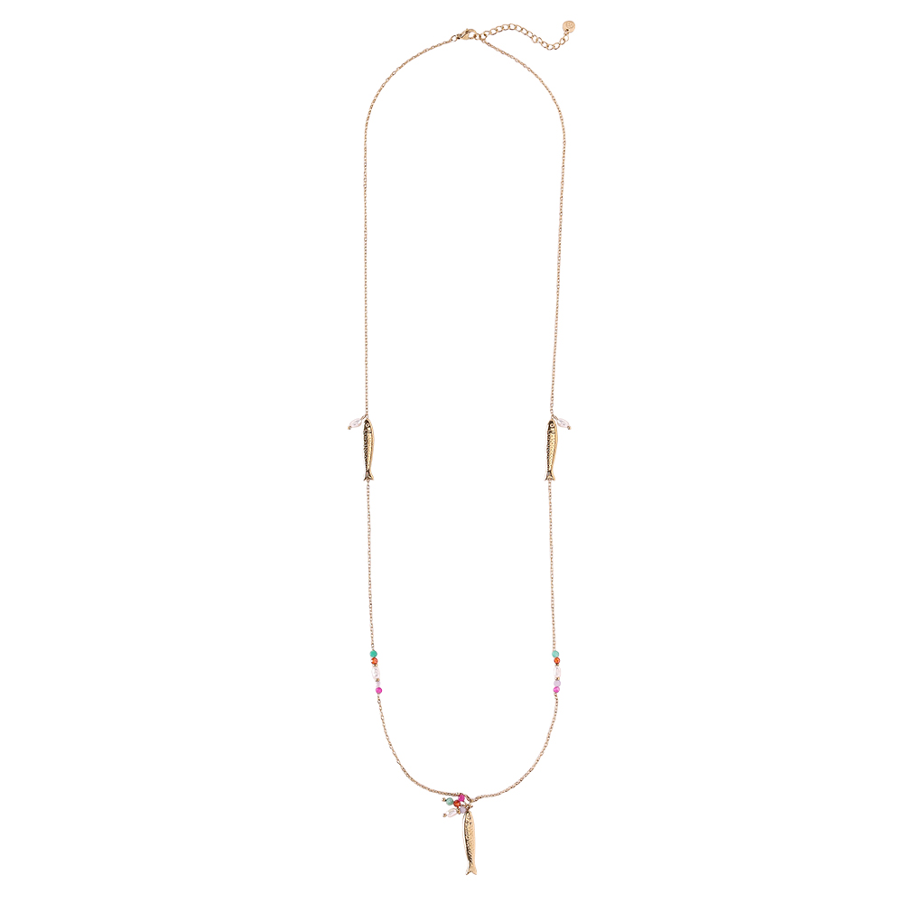 Stainless steel necklace, 80 cm, with a fish and colourful small beads
