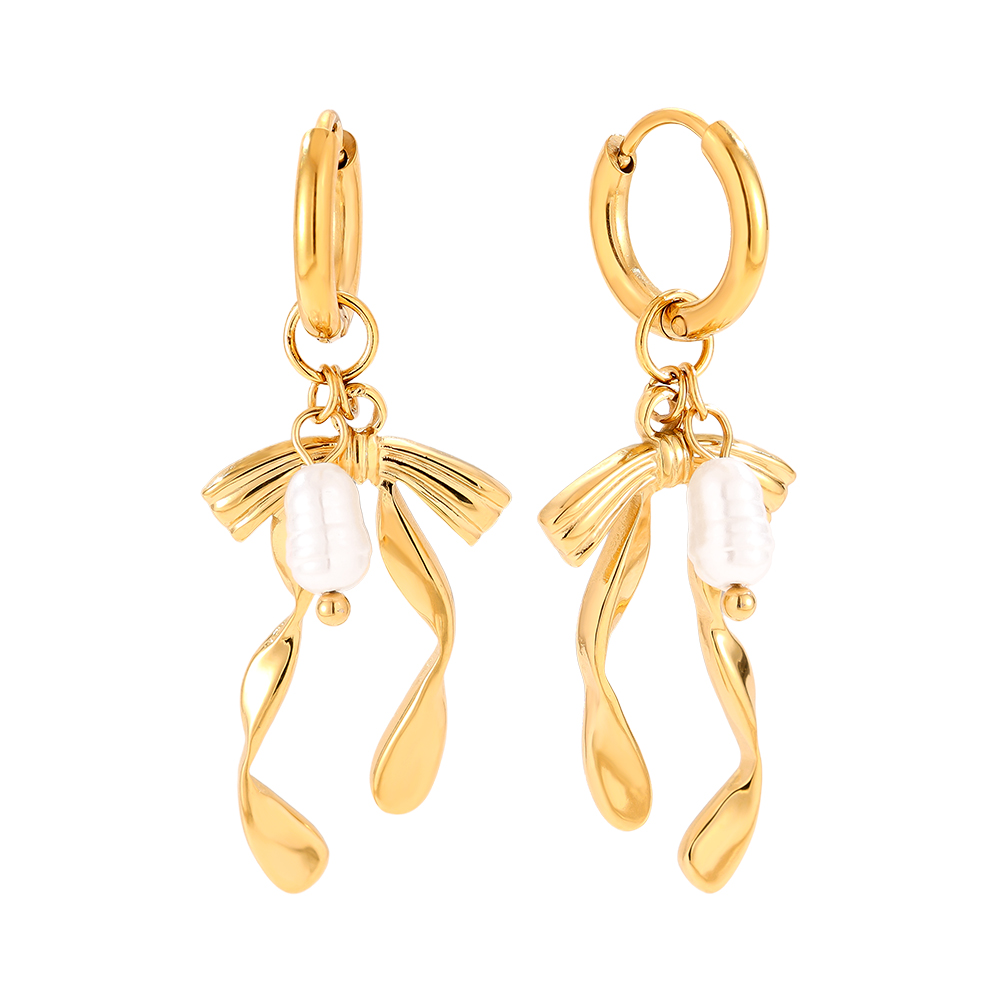 1.2*3.8cm Bowtie And Pearl Stainless Steel Earrings        