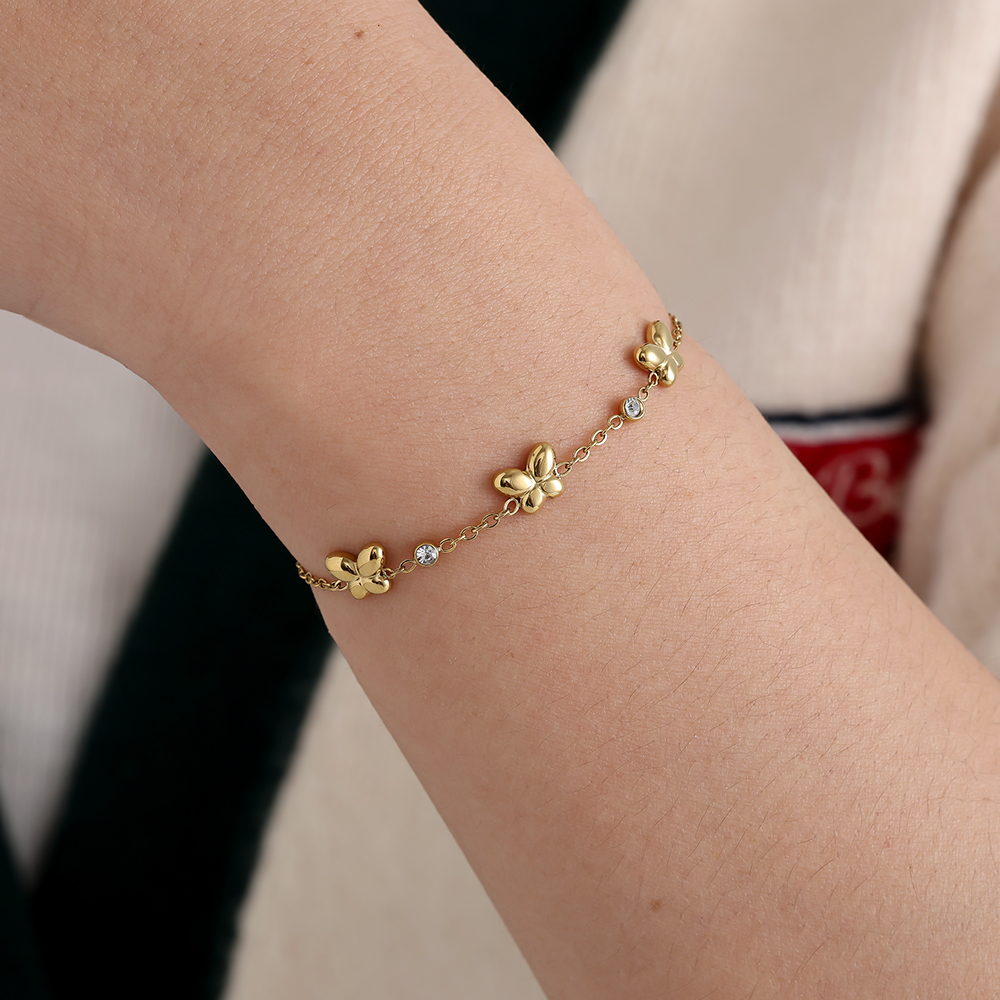 17cm Butterfly And Diamond Dots Stainless Steel Bracelet  