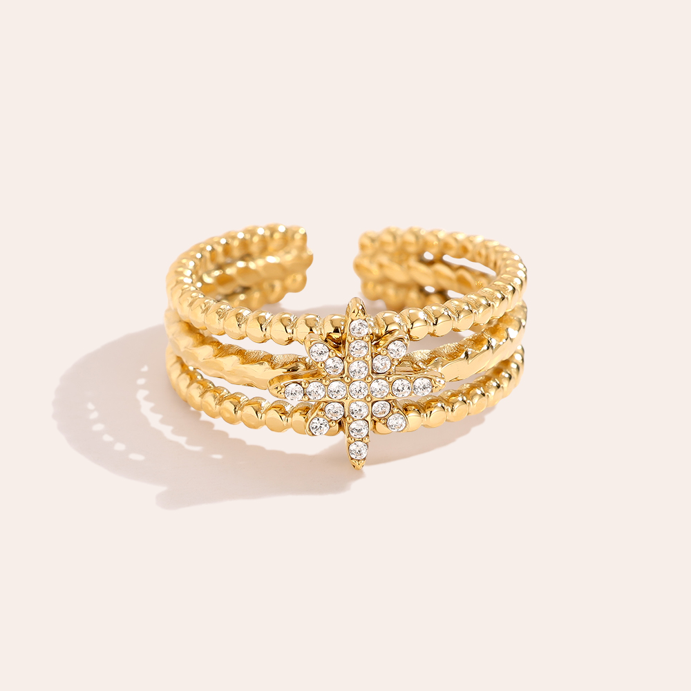 Diamond Star In Three Line Stainless Steel Ring    