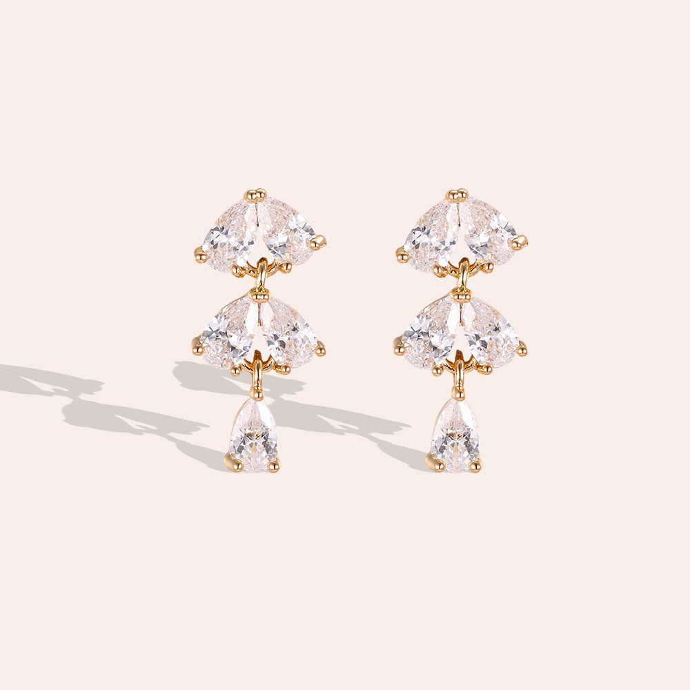 Gold-plated earrings, 18mm, with lots of teardrop-shaped cubic zirconia