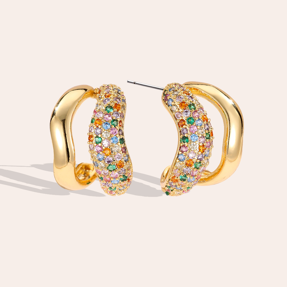 18mm Zirconia Double Layer Soft Wave Gold Plated Earrings   