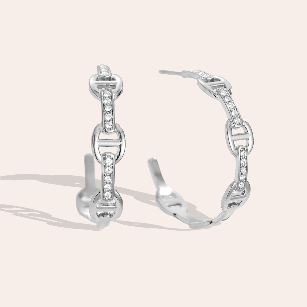 3cm Pig Nose Diamond Half Hoop Stainless Steel Earrings     