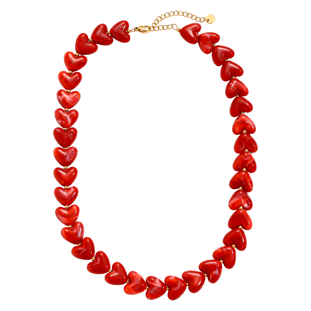 42cm Red Acrylic Heart Chain Stainless Steel Necklace   