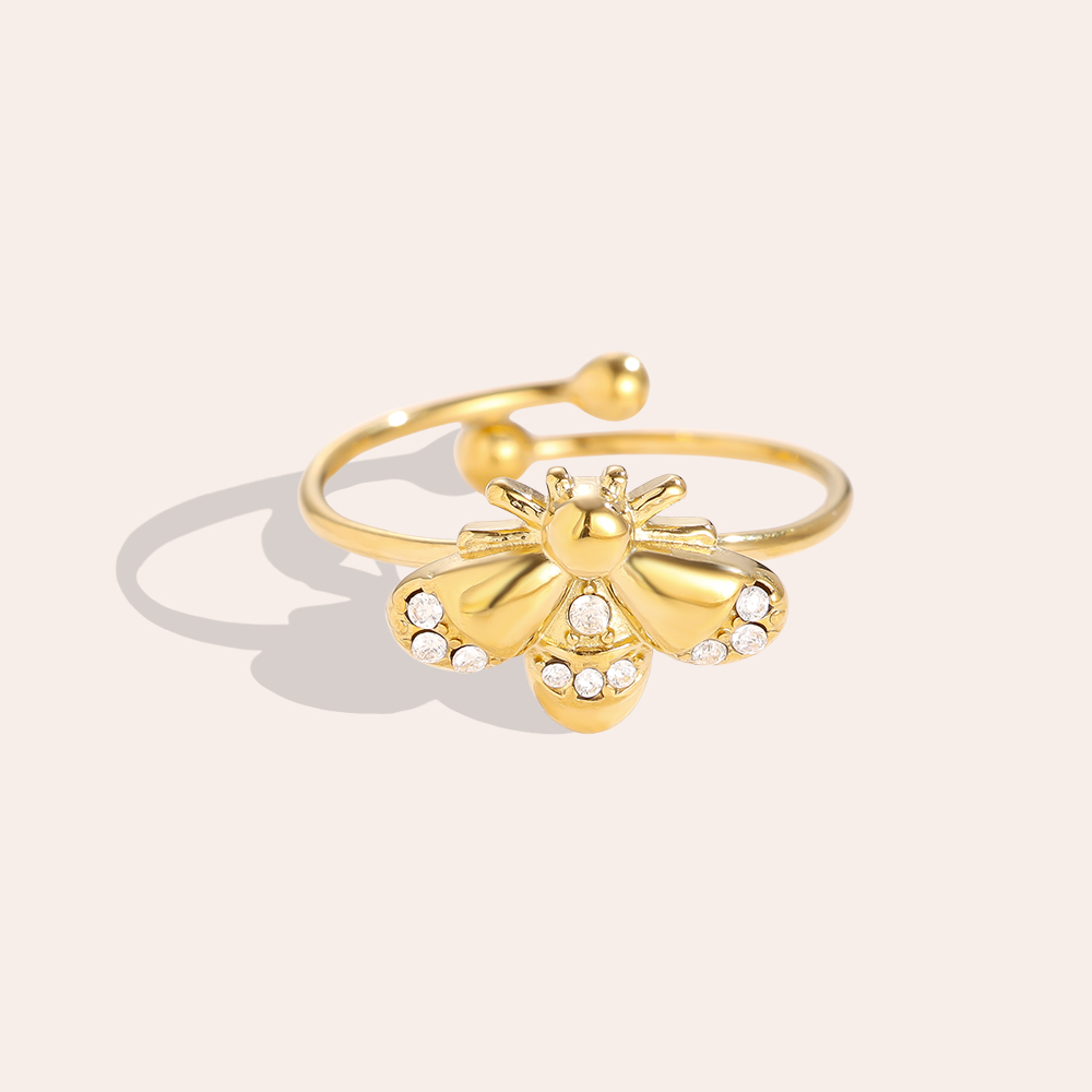 Adjustable rhinestone bee stainless steel ring
