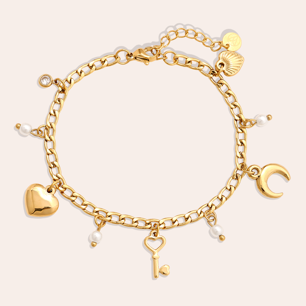 17cm heart moon key and pearl stainless steel bracelet  