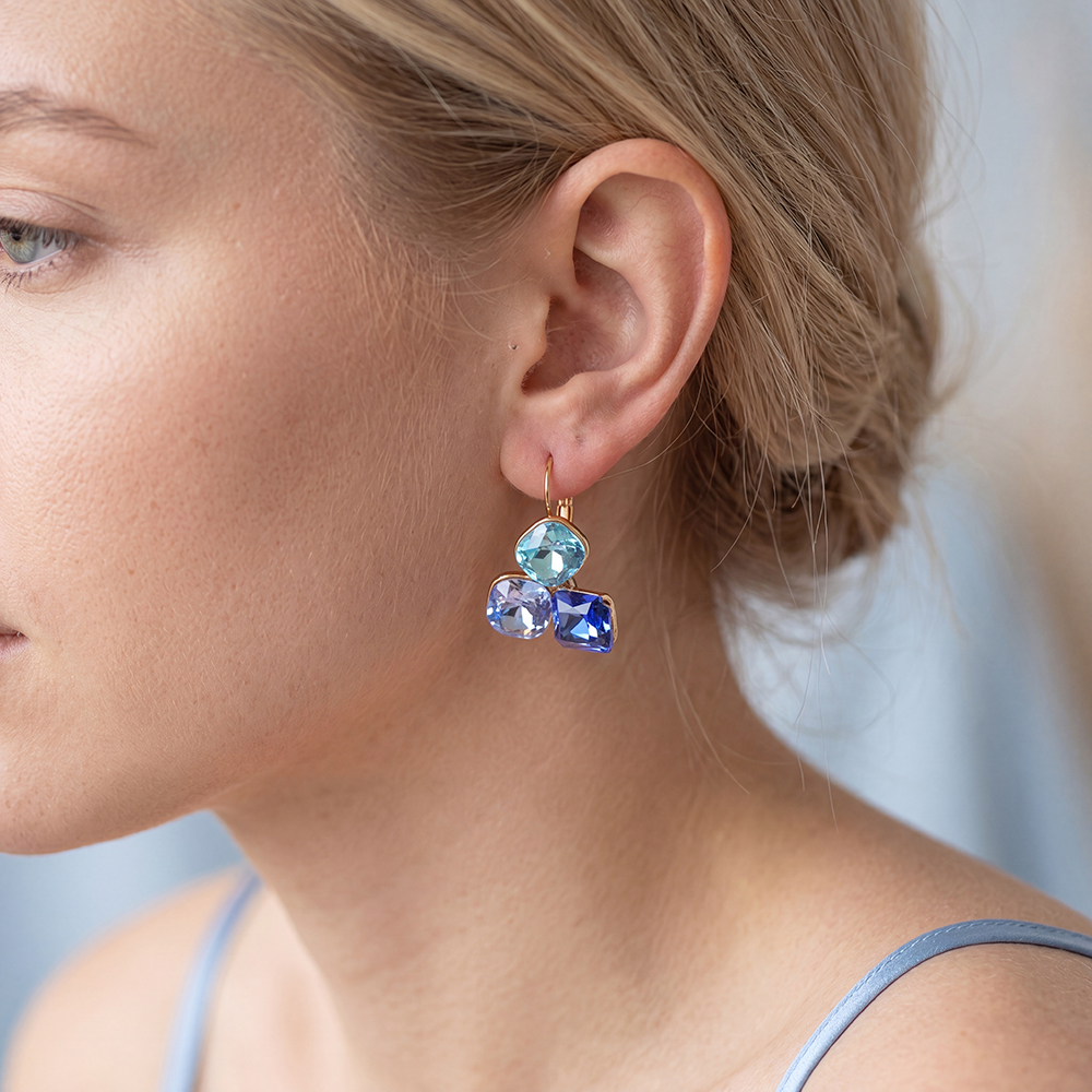 Stainless steel earrings, 30 × 21 mm. Three large glass stones in different colours