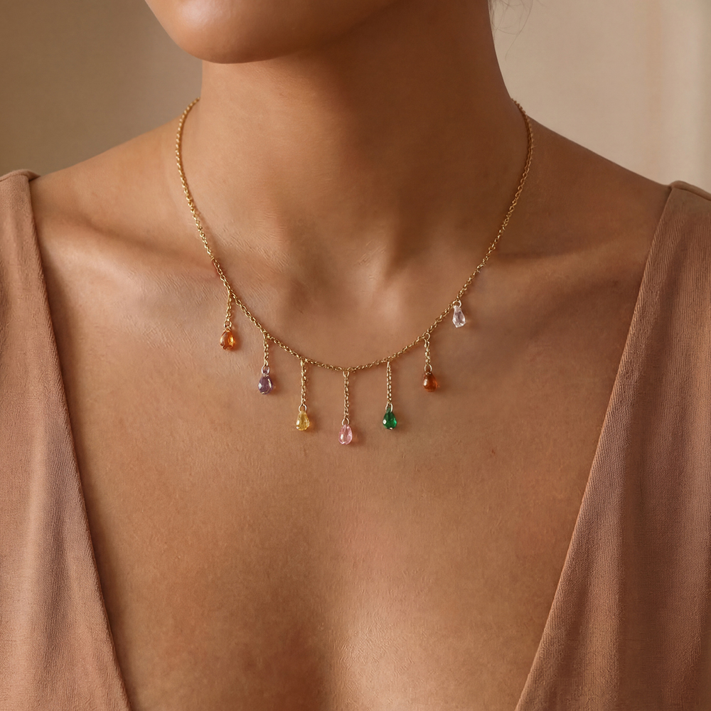 40cm colourful zirconia drop stainless steel necklace 