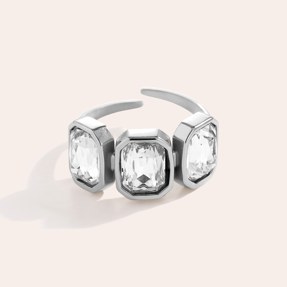 Adjustable open glass stone stainless steel ring 