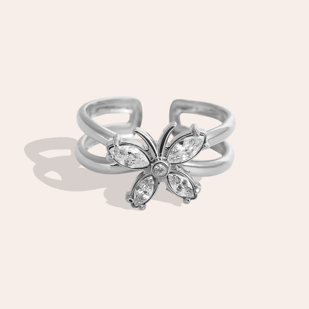 Adjustable zirconia butterfly stainless steel ring