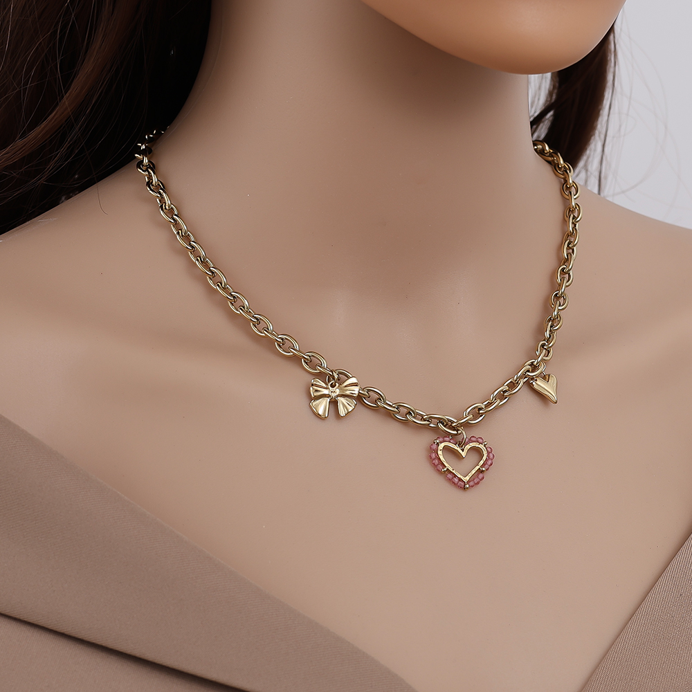 42cm Pink Heart And Charms Stainless Steel Necklace      