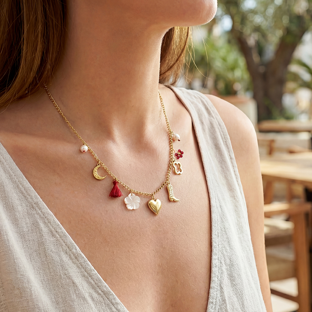 41cm heart boot flower and moon stainless steel necklace