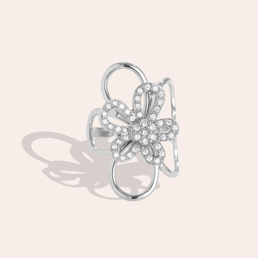 Adjustable rhinestone flower stainless steel ring    