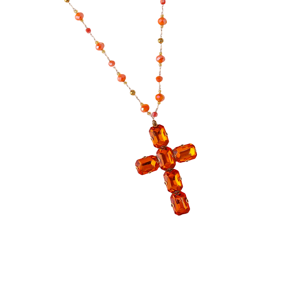 86cm Glass Crystal Cross Stainless Steel Necklaces
