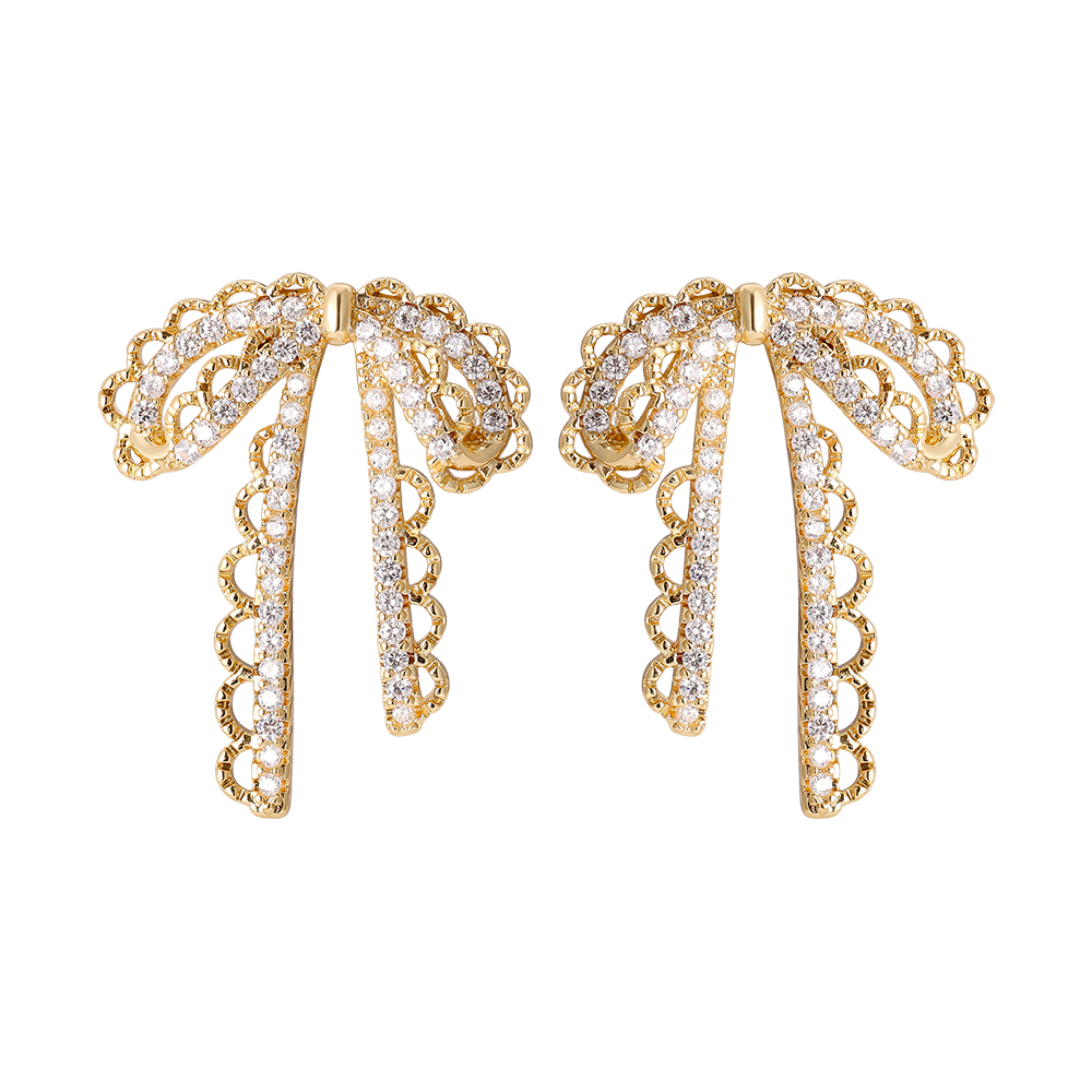 32mm Sparkling Diamond Bowtie Gold Plated Earrings   