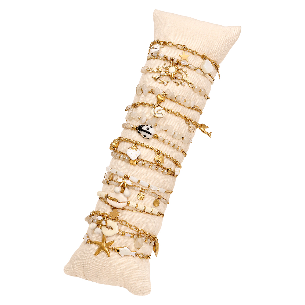 15pcs 17cm White Crystal Beads Sealife Stainless Steel Bracelet Set