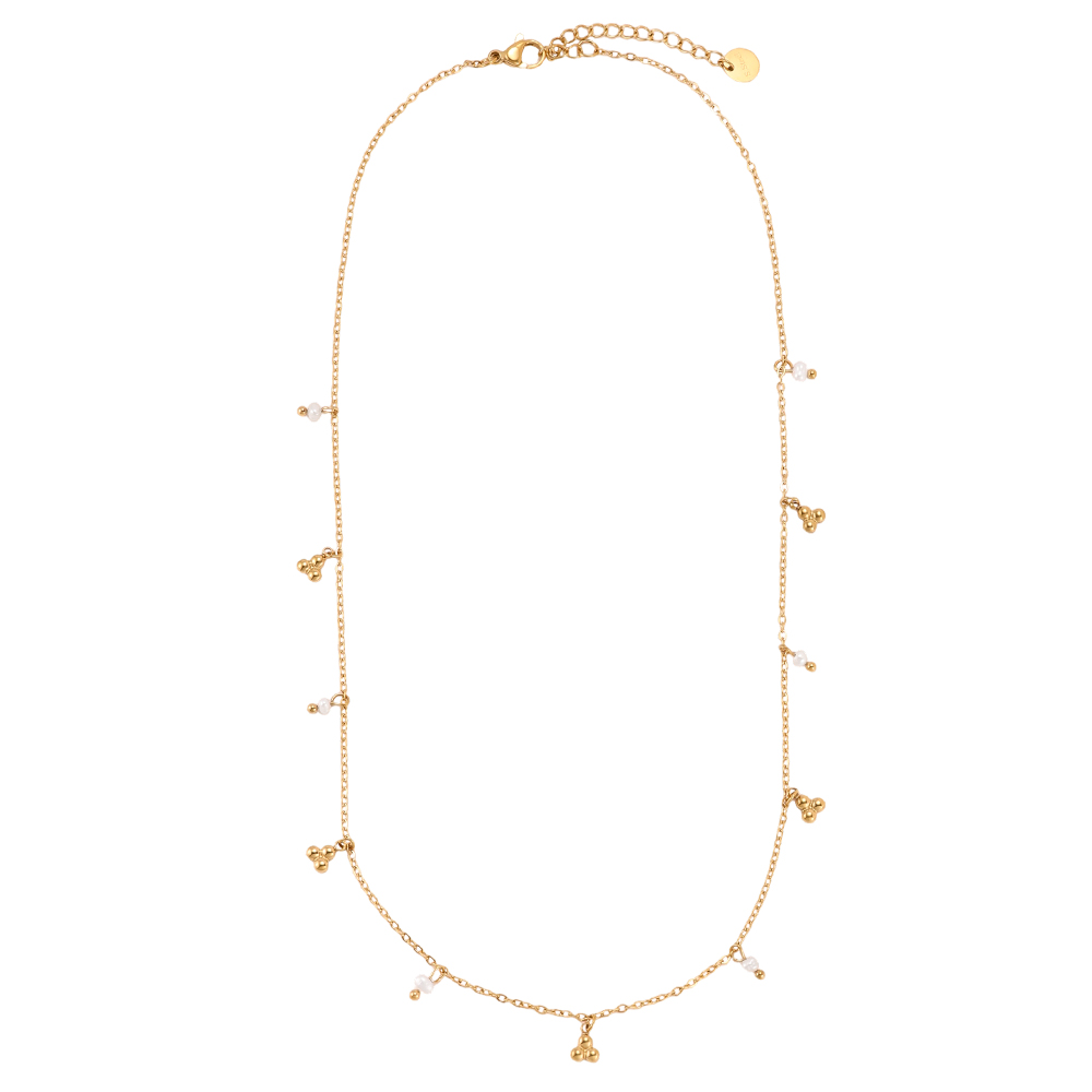 Stainless steel necklace, 42cm, with beads and gold dots