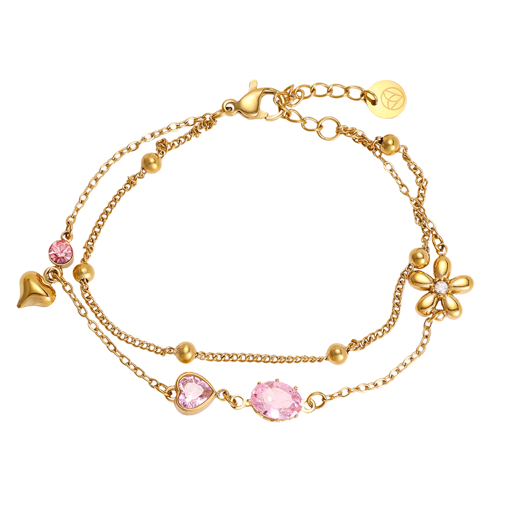 Stainless steel bracelet, 17cm, with pink cubic zirconia and a gold flower
