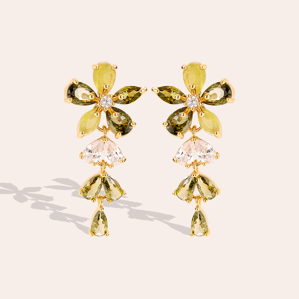 3.2cm green zirconia flowers gold-plated earrings  