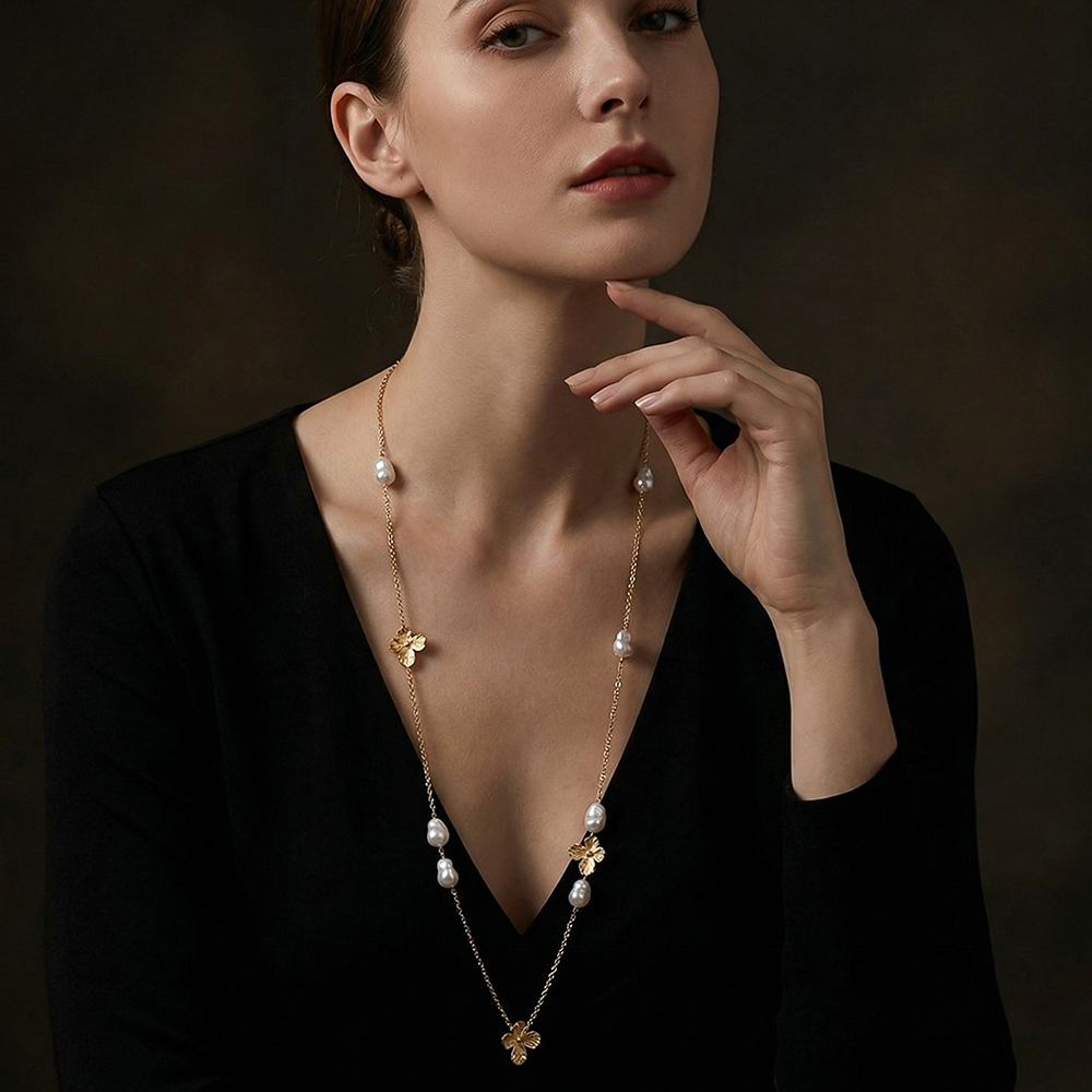 Stainless steel necklace 95cm flowers and pearls