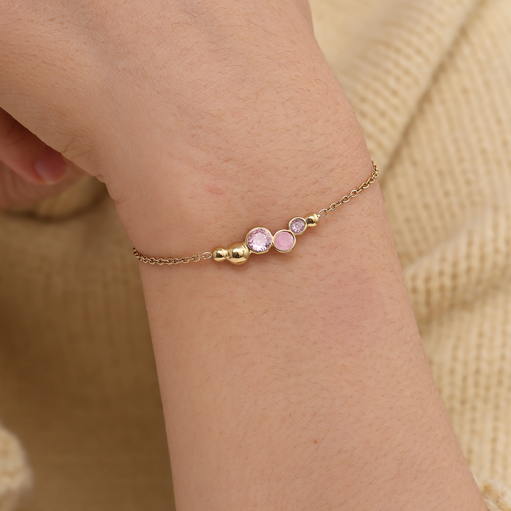 17cm Pink Round Diamond Stainless Steel Bracelet      