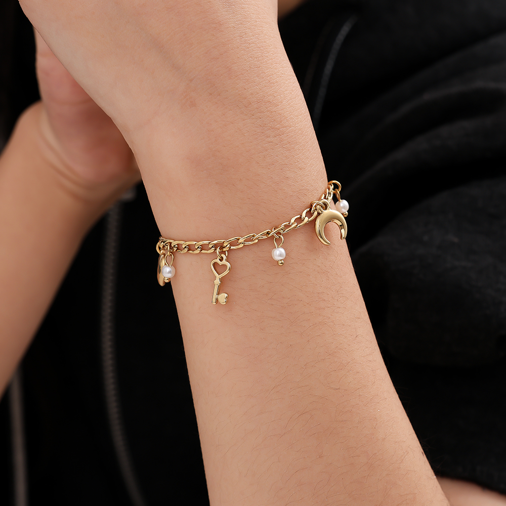 17cm heart moon key and pearl stainless steel bracelet  