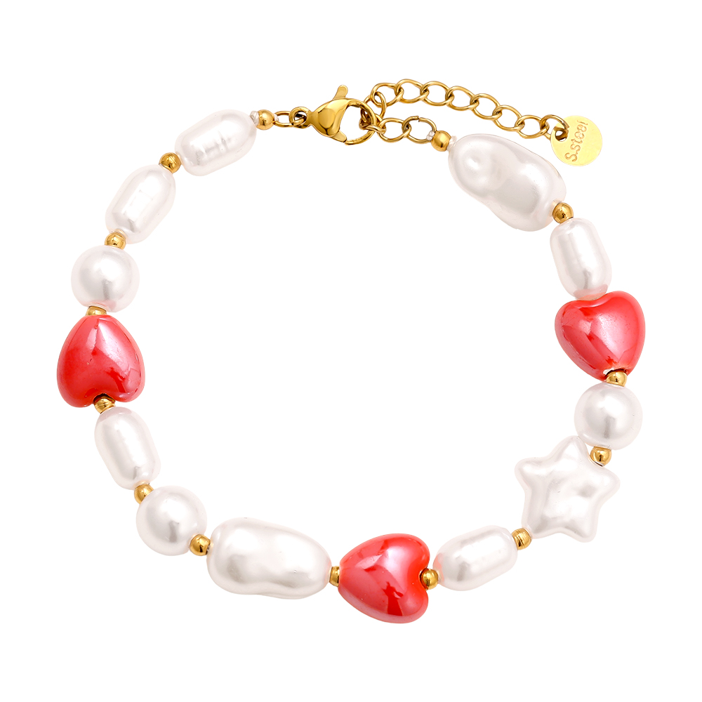 18cm Small Red Heart In Pearl Chain Stainless Steel Bracelet     