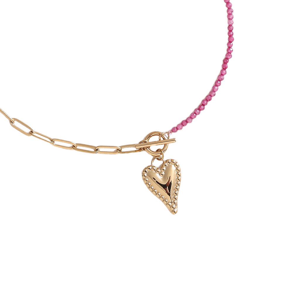 40cm Coloured Beads Heart Stainless Steel Necklace