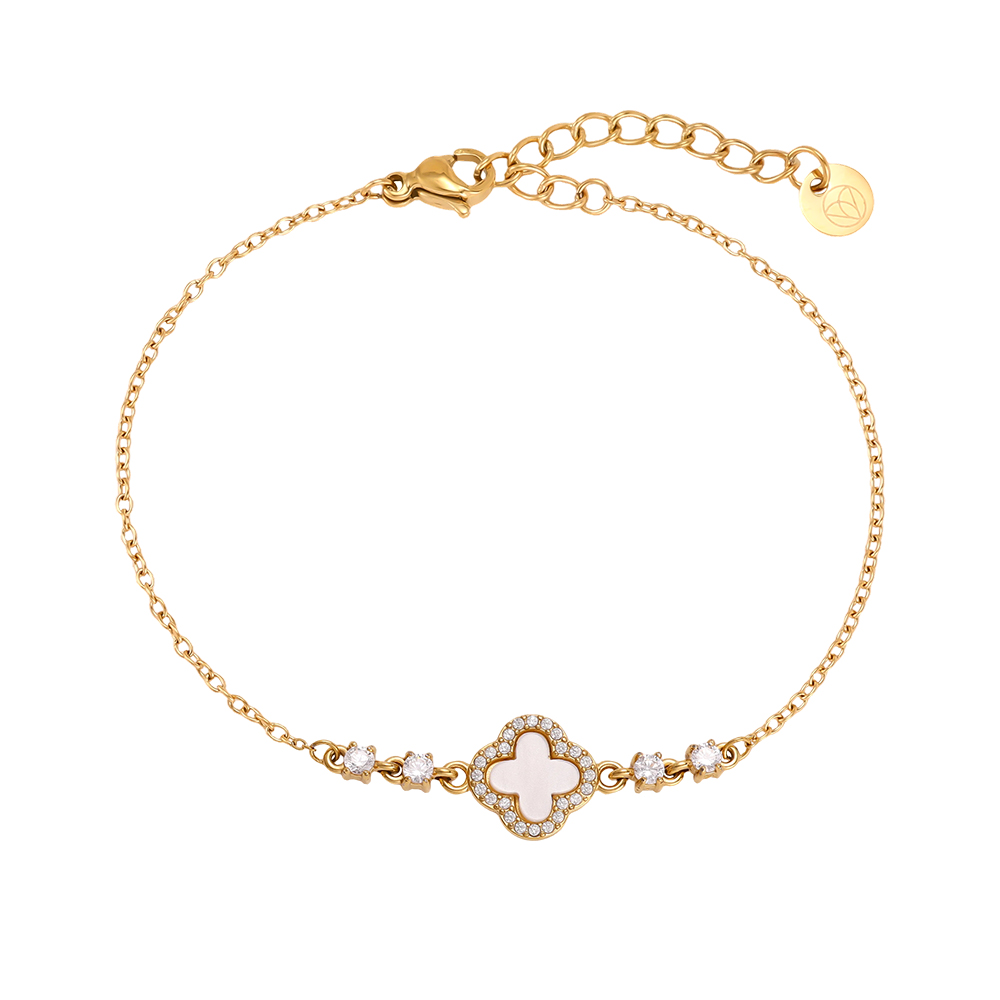 Stainless steel bracelet, 17 cm, with an acrylic shamrock featuring a zirconia border