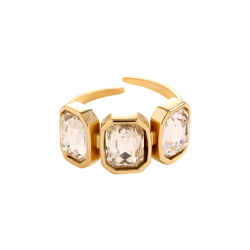 Adjustable open glass stone stainless steel ring 