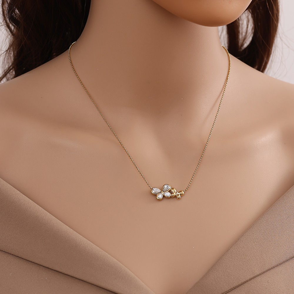 40cm double rhinestone butterfly stainless steel necklace