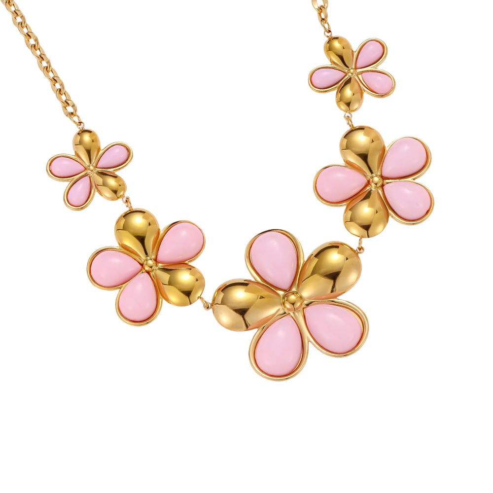 Stainless steel necklace 47cm pink flower