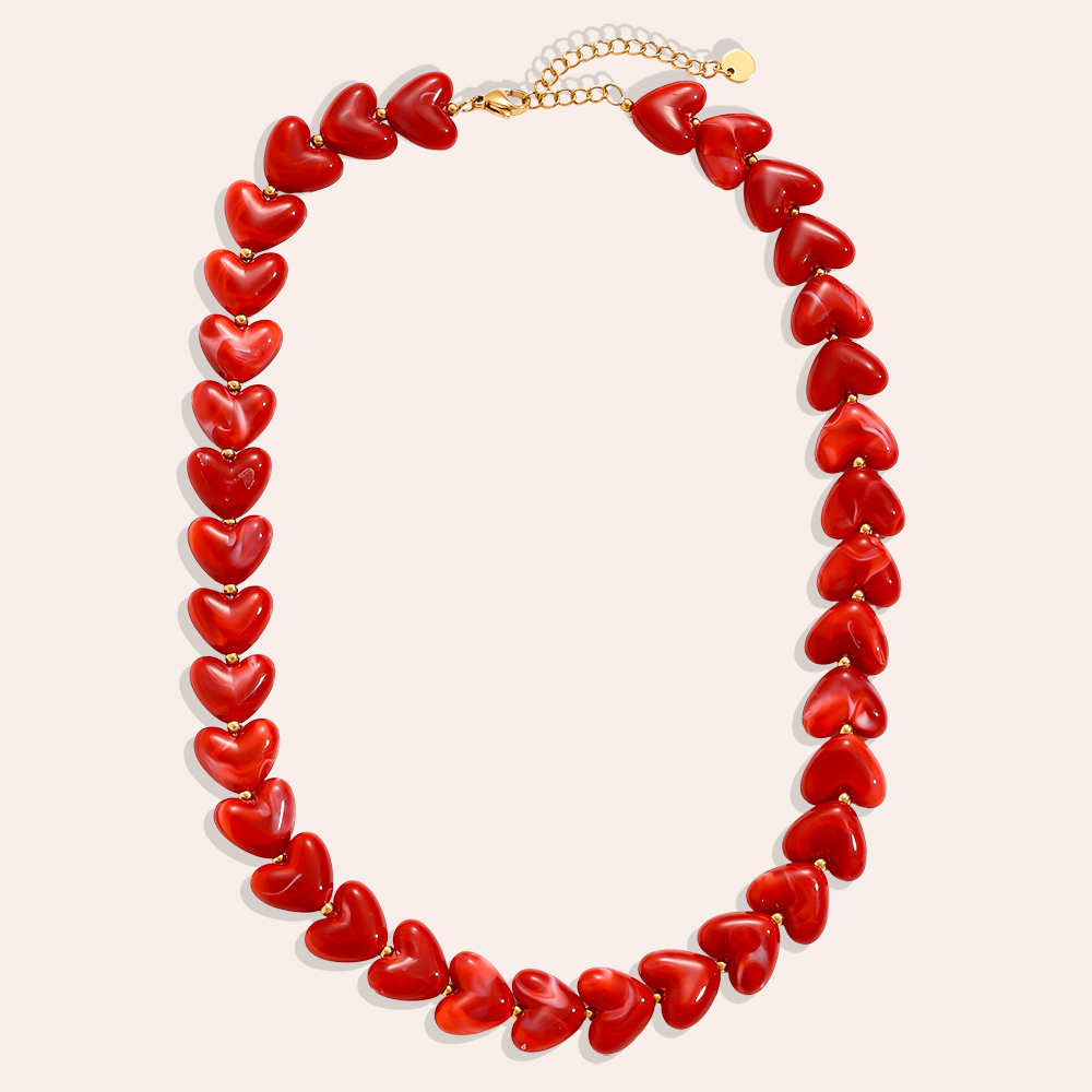 42cm Red Acrylic Heart Chain Stainless Steel Necklace   