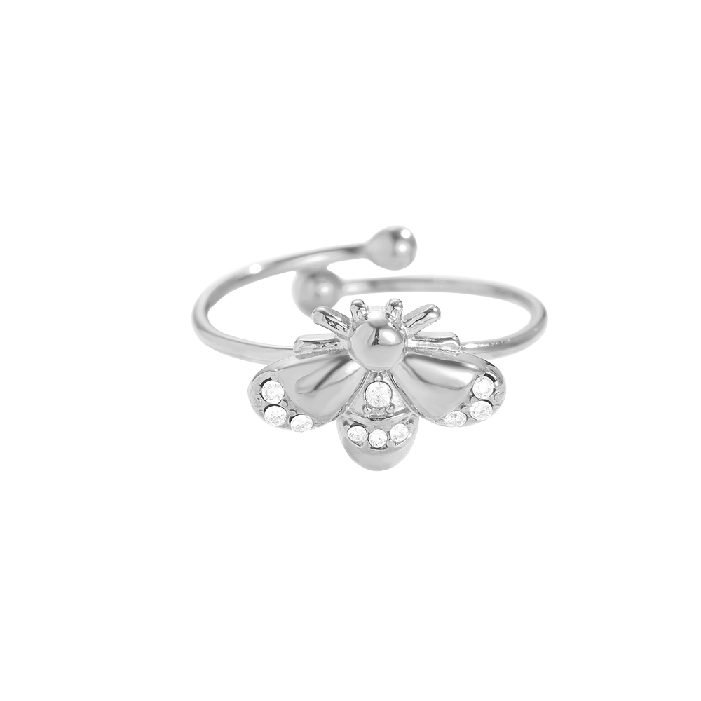 Adjustable rhinestone bee stainless steel ring
